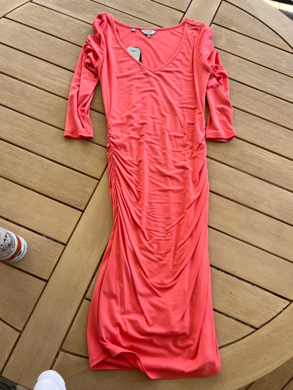 Guess Coral Ruched V-Neck Midi Dress